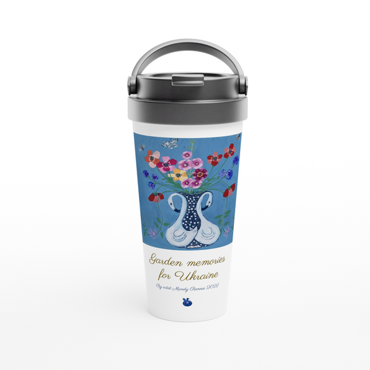 Project Ukraine "Garden memories for Ukraine " By artist Mandy Rennie 2022 White 15oz Stainless Steel Travel Mug